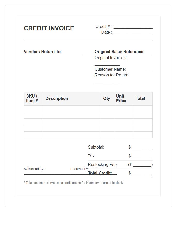 Inventory Return Retail Sales Credit Invoice Template