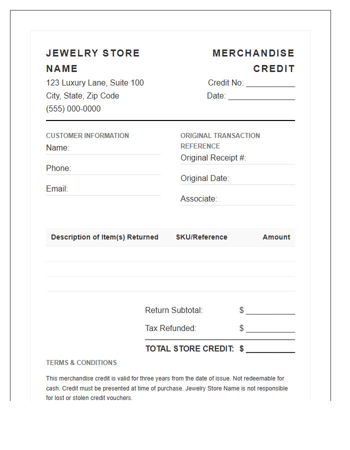 Jewelry Store Merchandise Credit Invoice Template