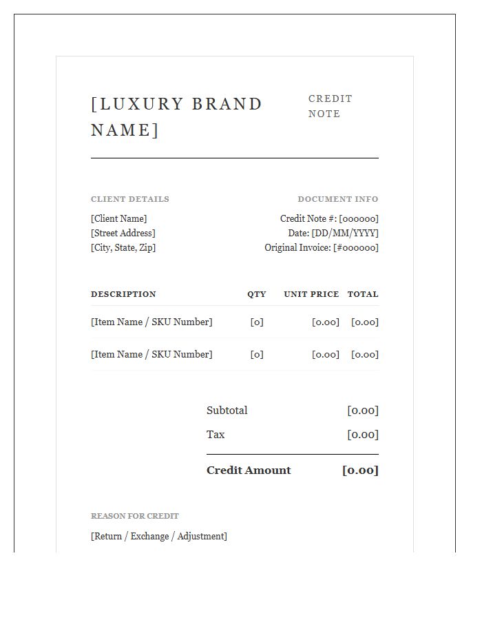 Luxury Retail Sales Credit Note Invoice Template