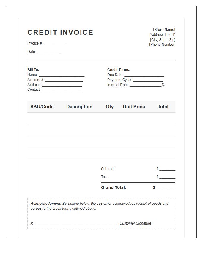 Point Of Sale Retail Credit Invoice Template