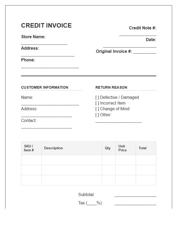 Retail Sales Return Credit Invoice Template