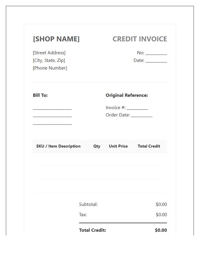 Specialty Gift Shop Credit Invoice Template