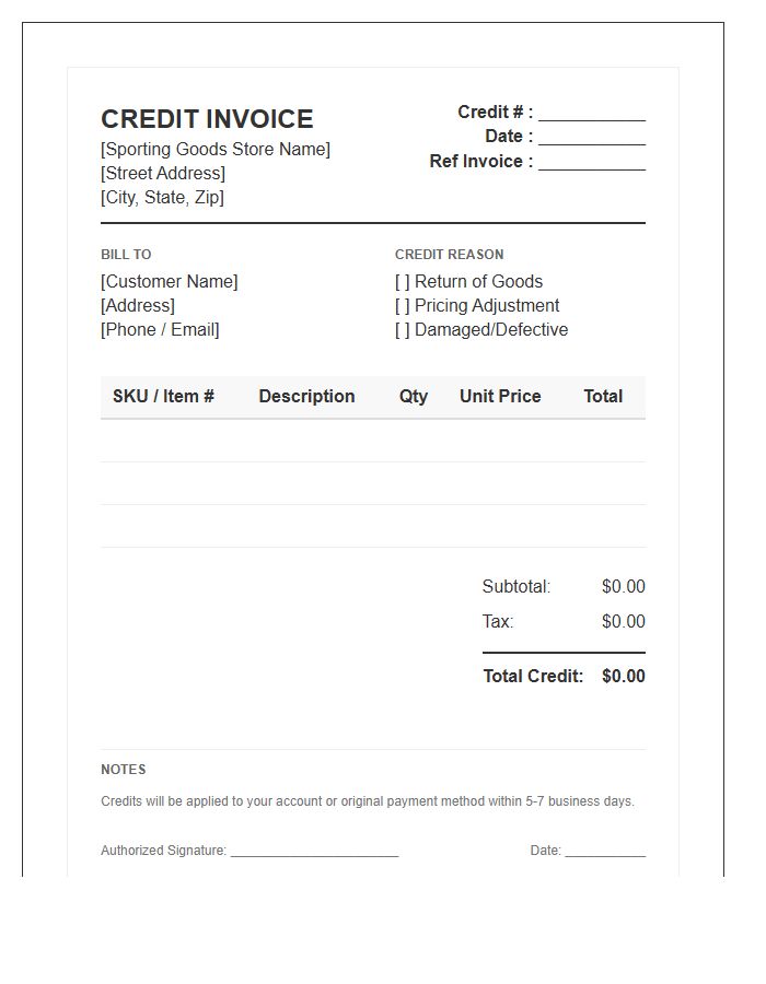 Sporting Goods Retail Credit Invoice Template