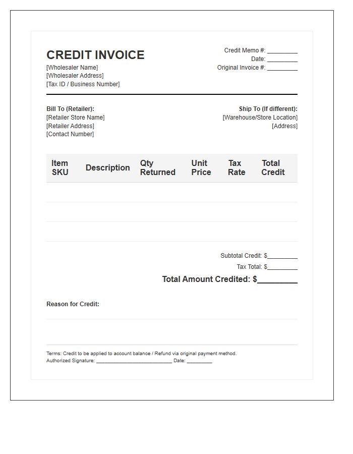 Wholesale To Retail Credit Invoice Template