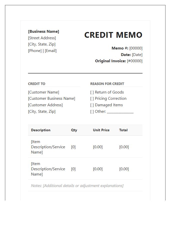 Formal Small Business Credit Memo Invoice Template