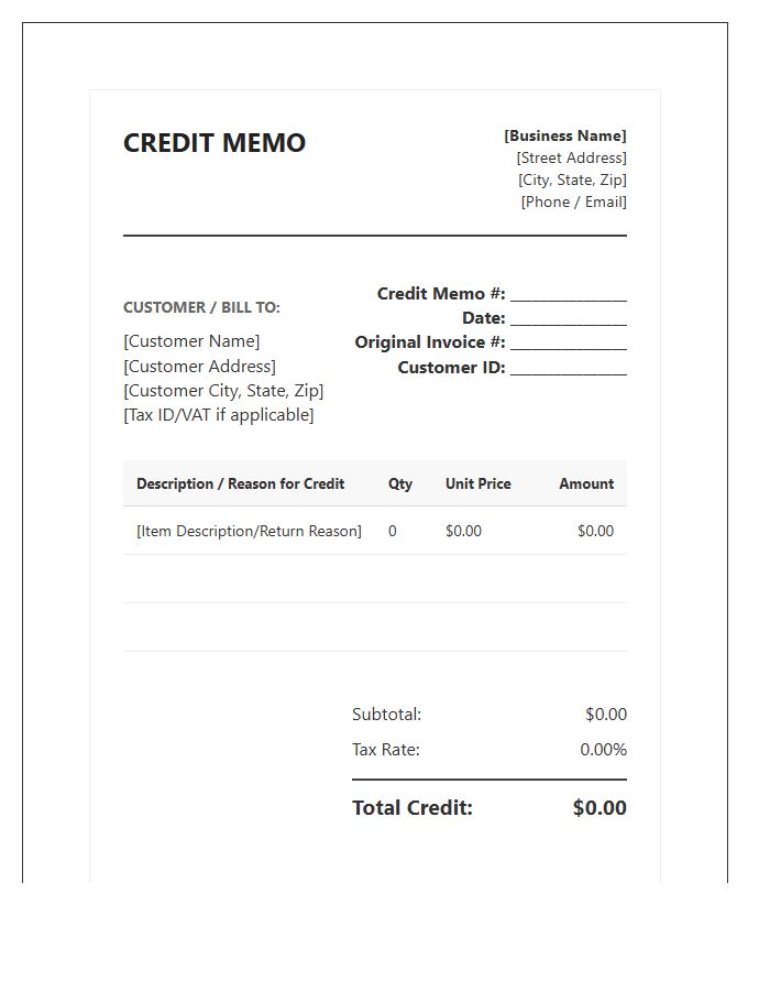 Official Small Business Credit Memo Invoice Template