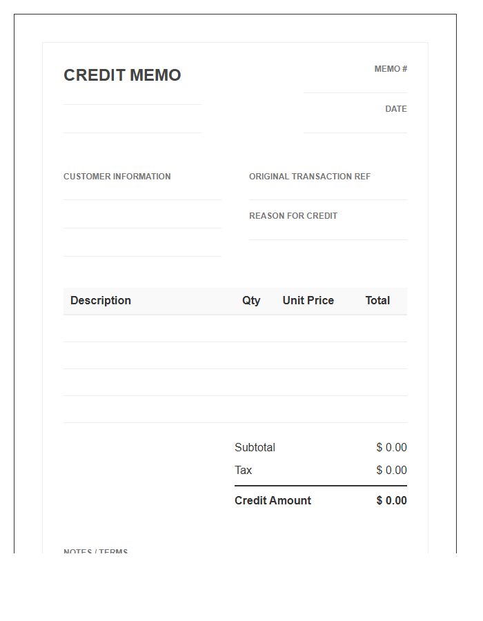 Retail Small Business Credit Memo Invoice Template
