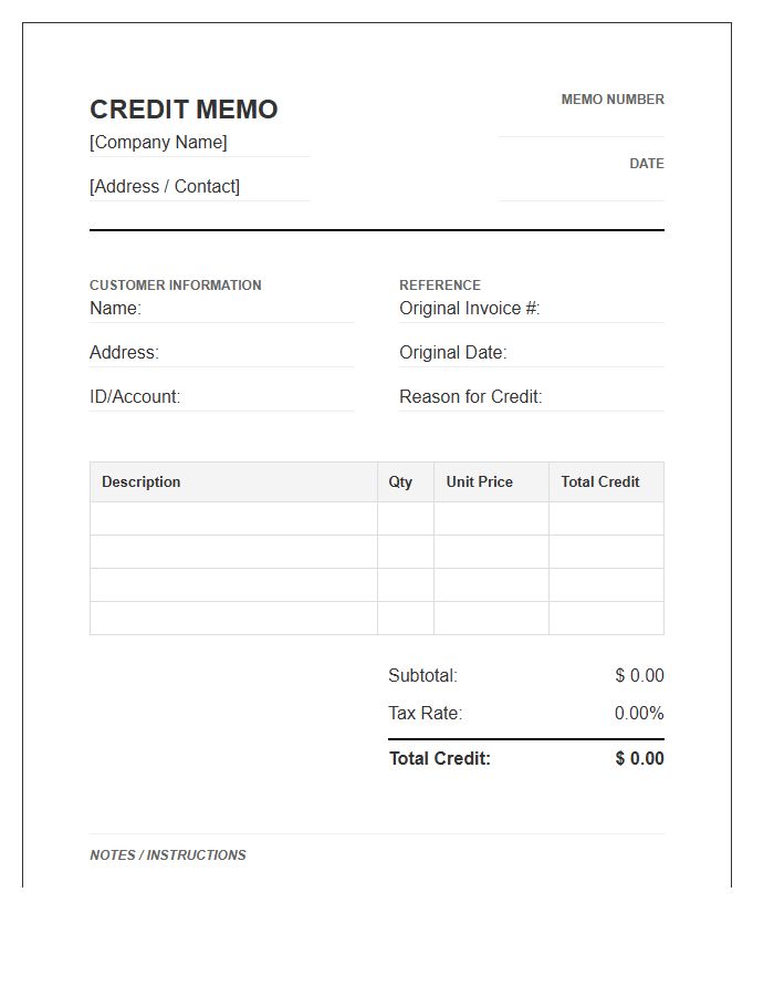 Small Business Accounting Credit Memo Invoice Template