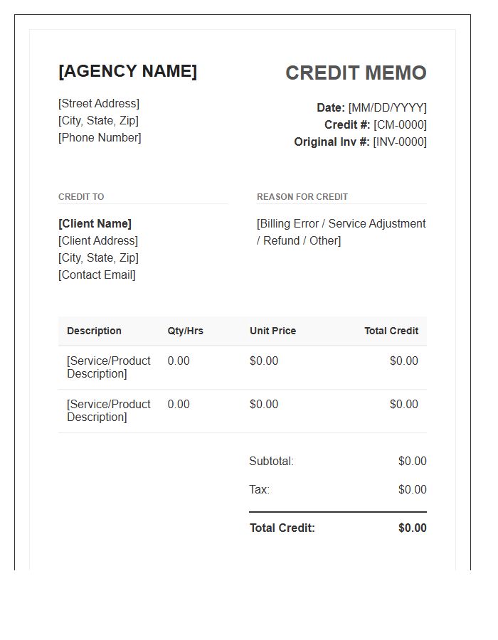 Small Business Agency Credit Memo Invoice Template
