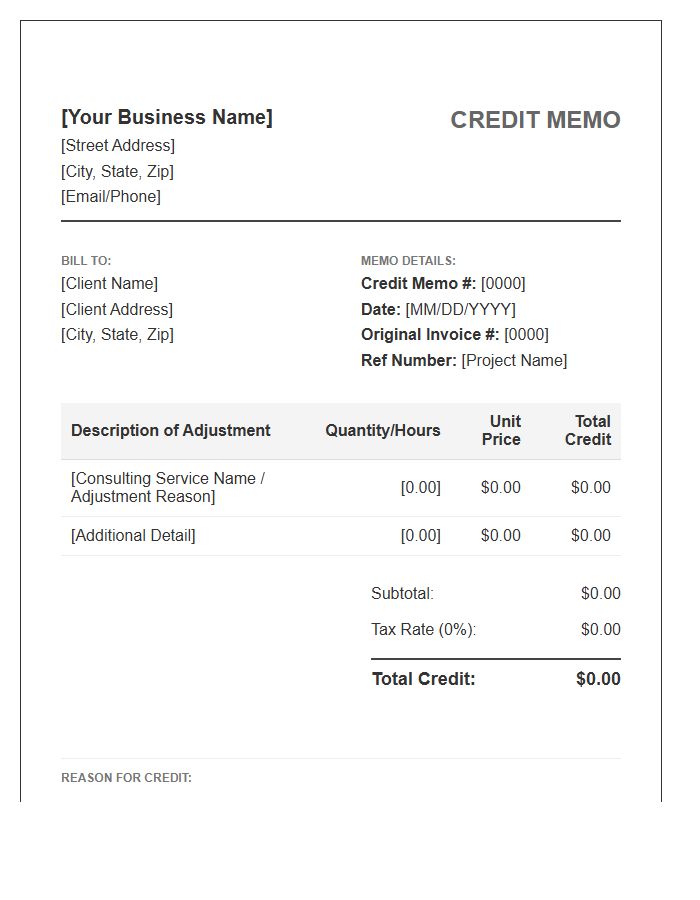 Small Business Consulting Credit Memo Invoice Template