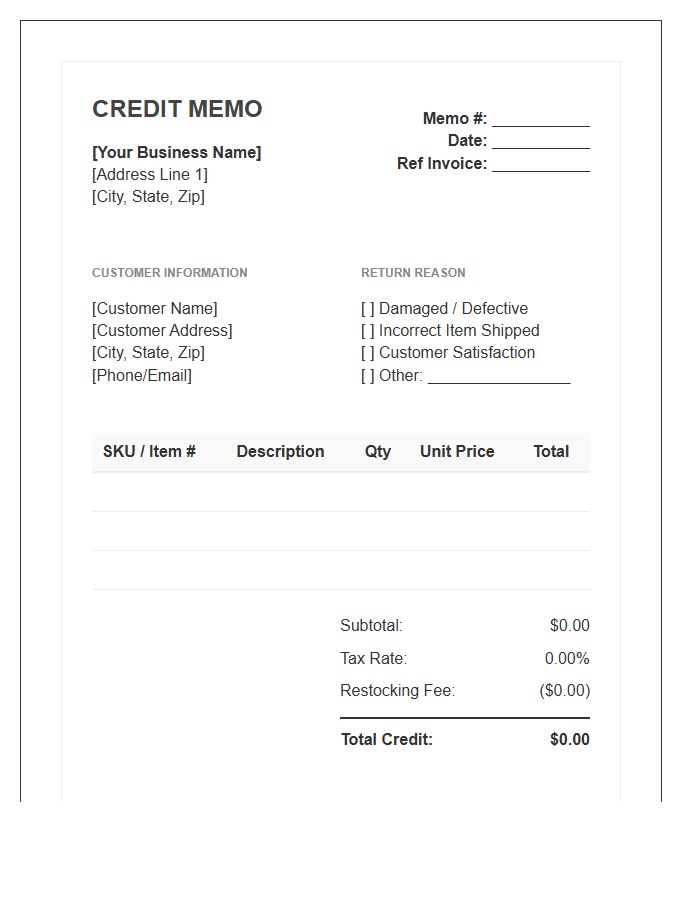 Small Business Inventory Return Credit Memo Invoice Template