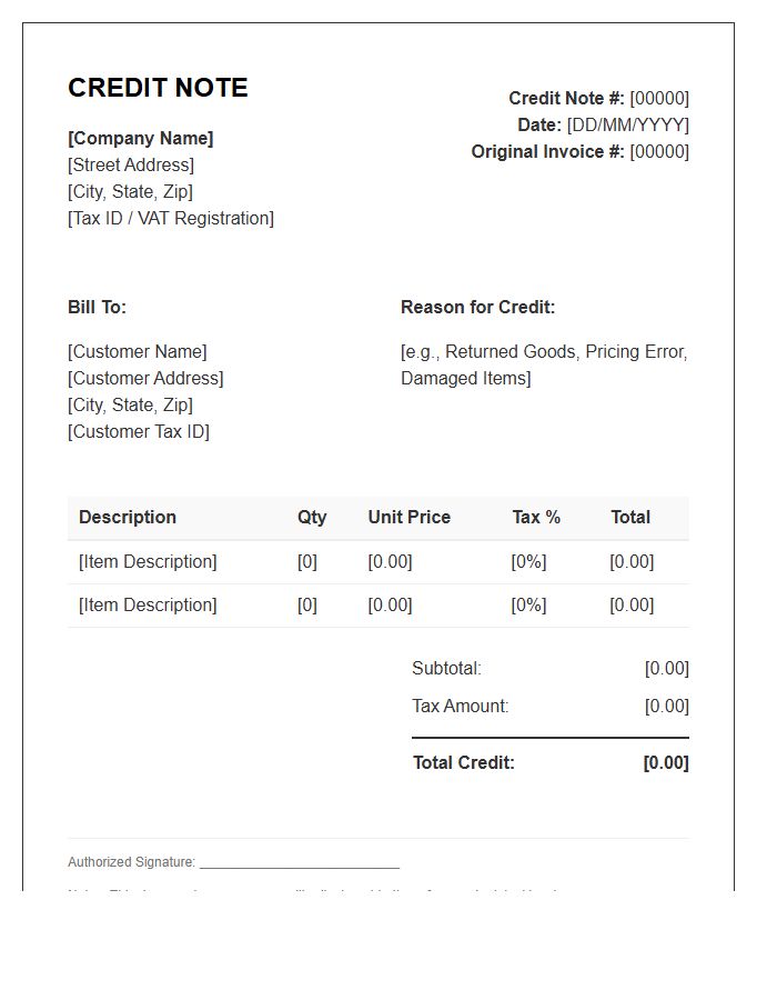 Basic Tax Credit Note Invoice Template