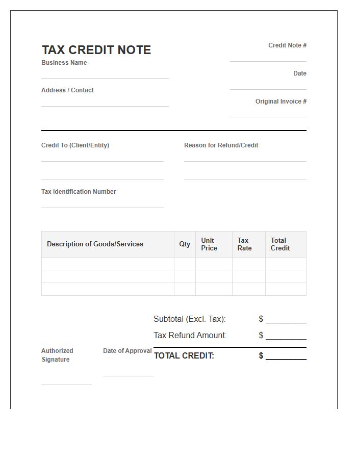 Business Tax Refund Credit Note Invoice Template
