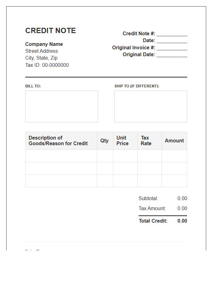 Commercial Tax Credit Note Invoice Template