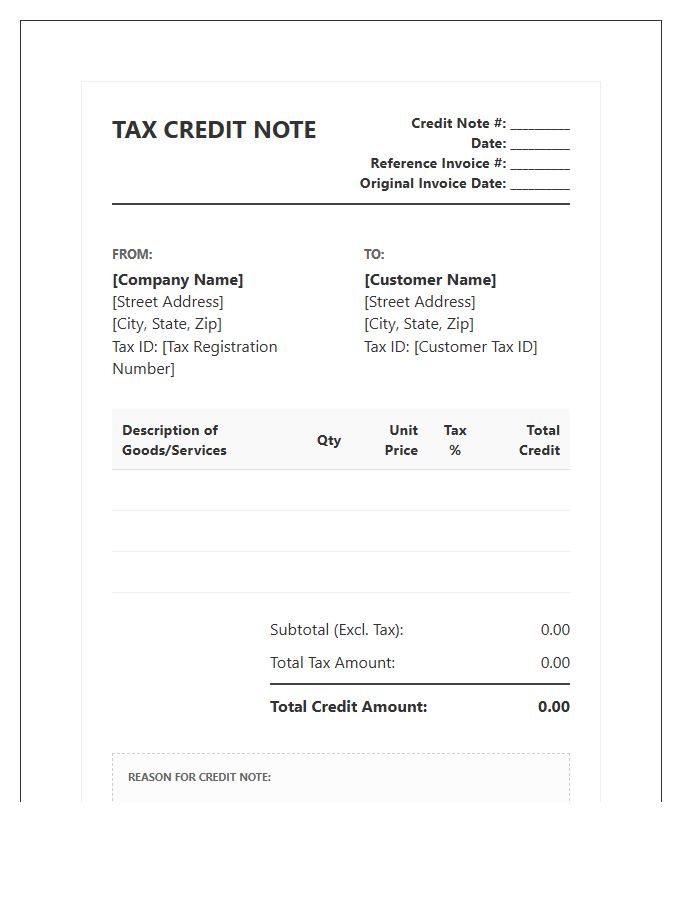 Detailed Tax Credit Note Invoice Template