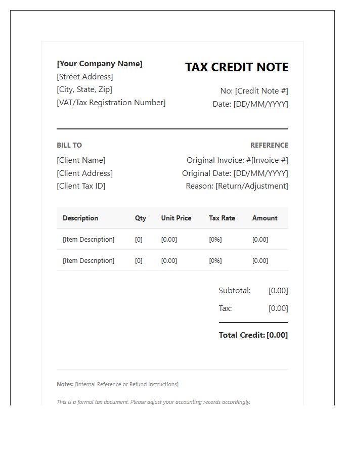 Formal Tax Credit Note Invoice Template