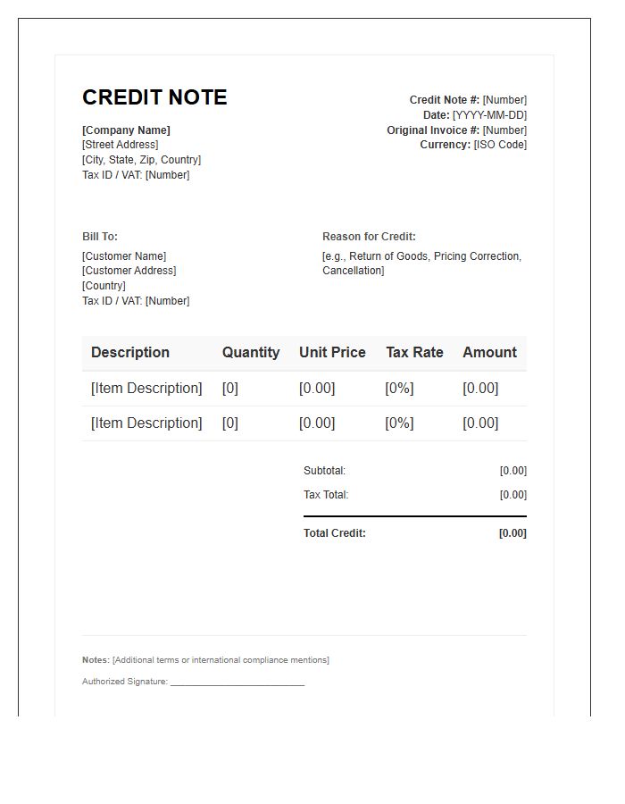 International Tax Credit Note Invoice Template