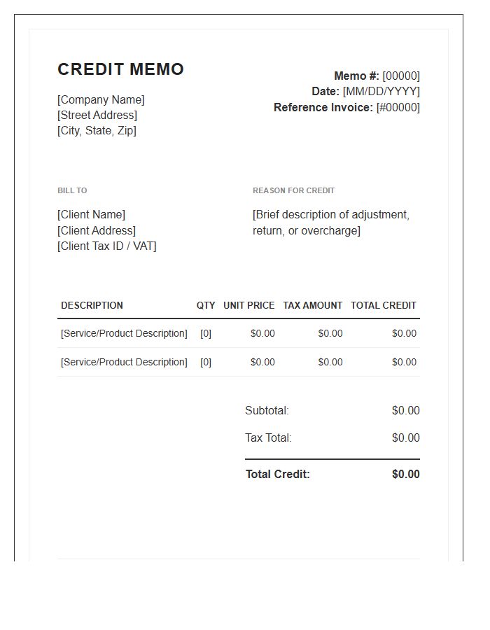 Professional Tax Credit Memo Invoice Template