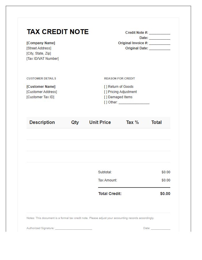 Retail Tax Credit Note Invoice Template
