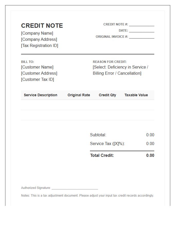 Service Tax Credit Note Invoice Template
