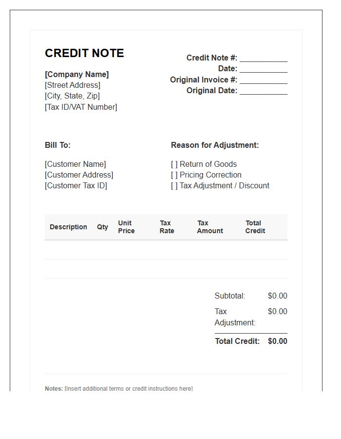 Standard Tax Adjustment Credit Note Invoice Template