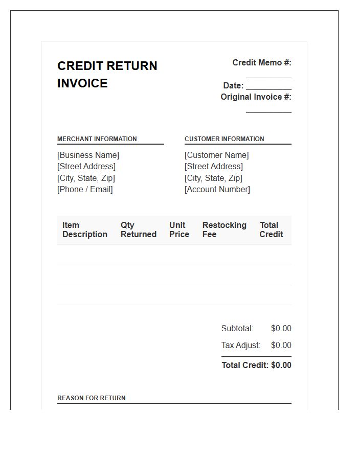 Business Merchant Credit Return Invoice Template