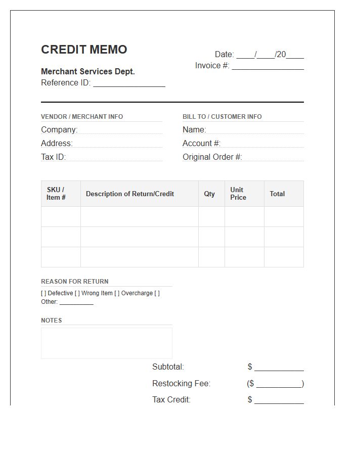 Corporate Merchant Credit Return Invoice Template