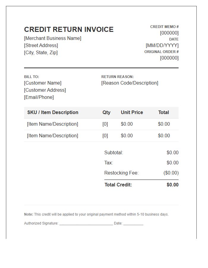E-commerce Merchant Credit Return Invoice Template