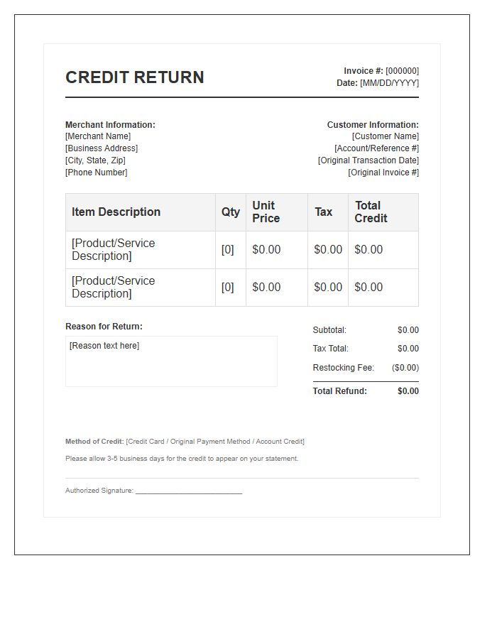 Merchant Account Credit Return Invoice Template