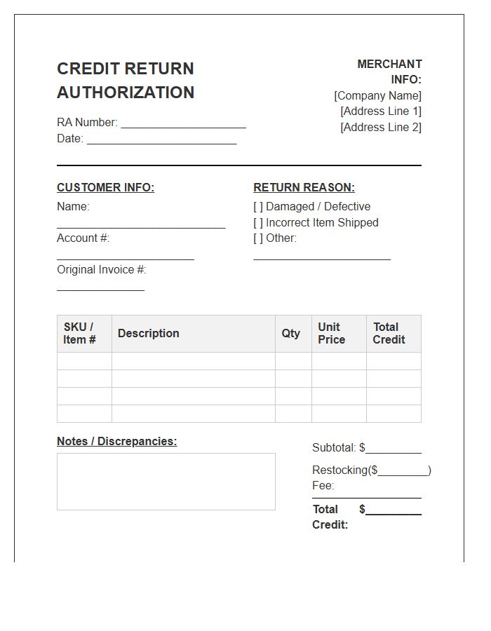 Merchant Credit Return Authorization Invoice Template