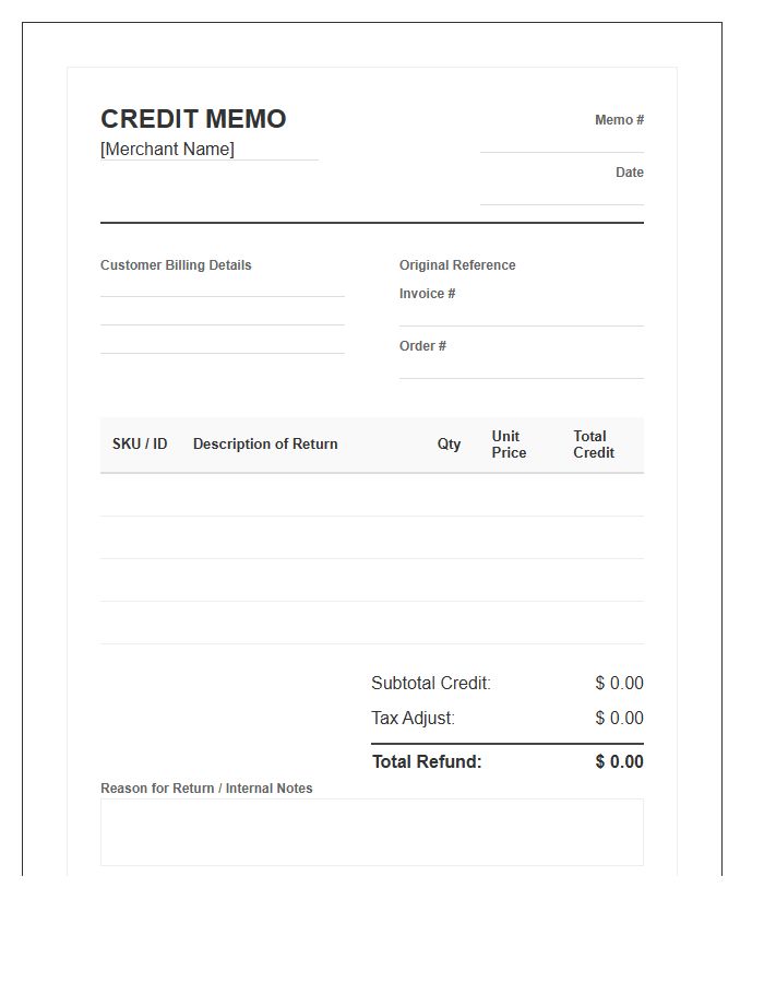 Merchant Credit Return Memo Invoice Template