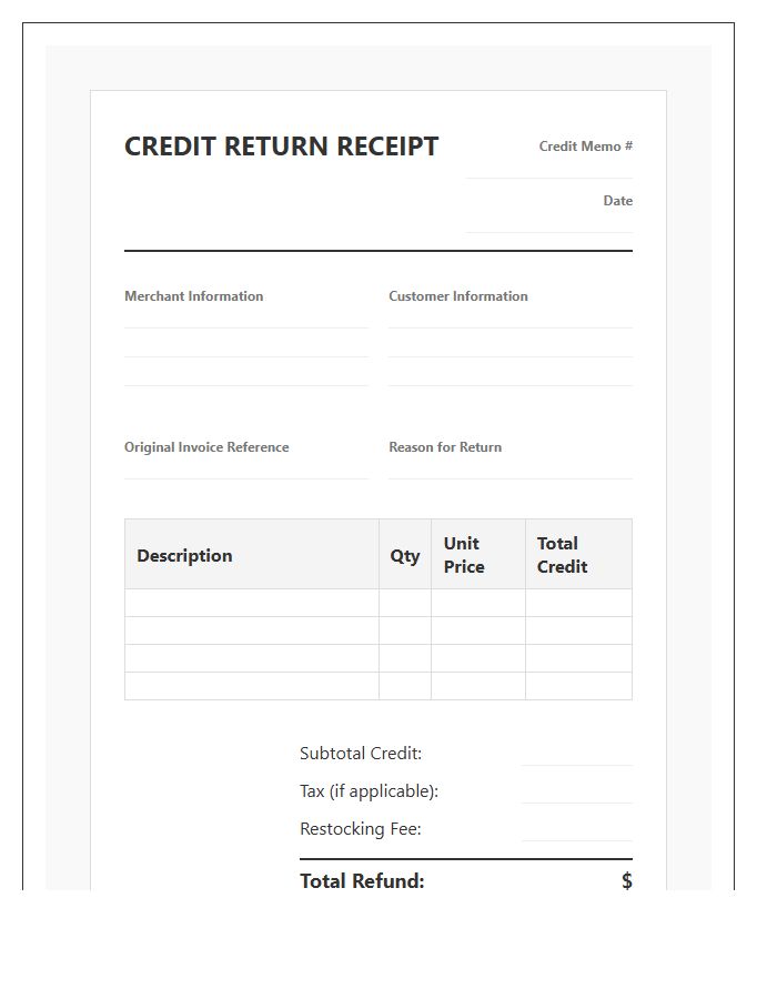 Merchant Credit Return Receipt Invoice Template