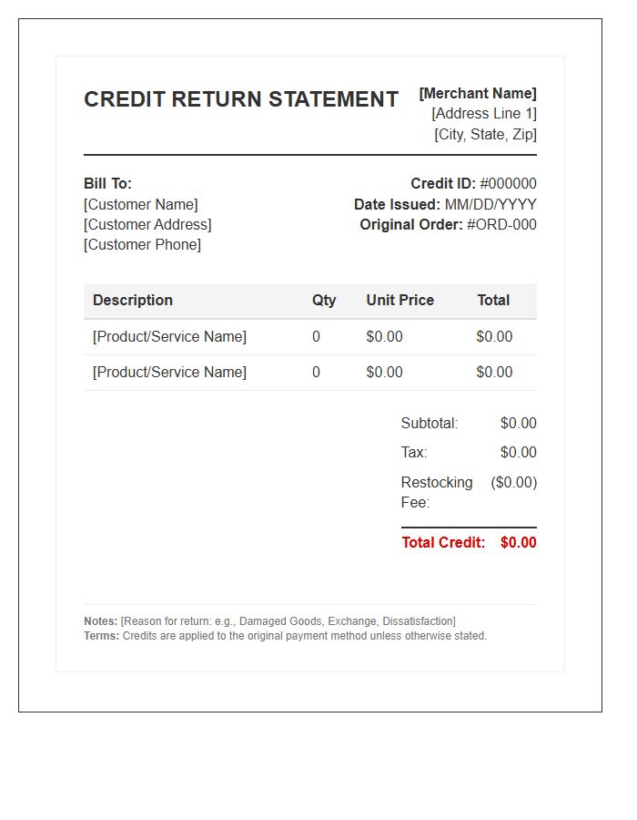 Merchant Credit Return Statement Invoice Template