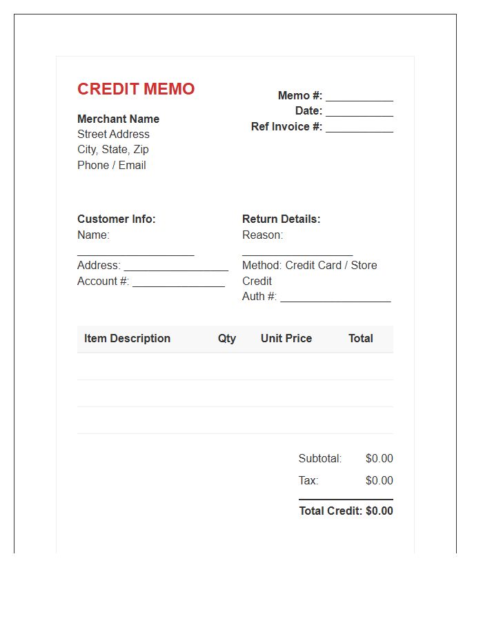 Merchant Credit Return Transaction Invoice Template