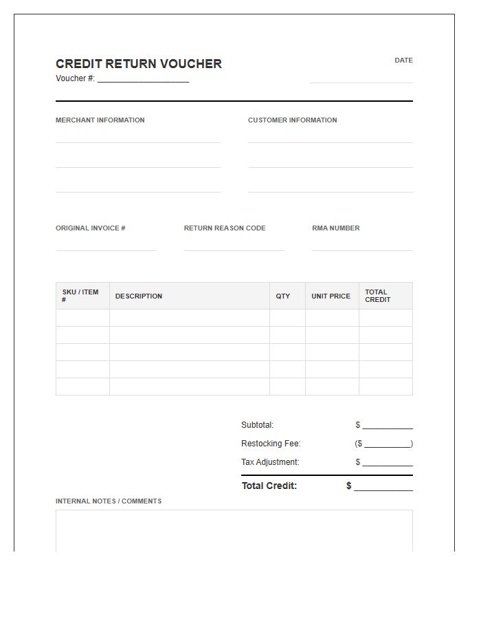Merchant Credit Return Voucher Invoice Template