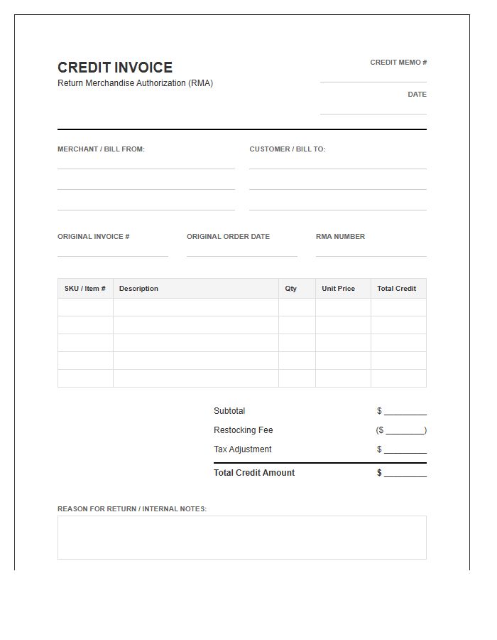 Merchant Product Return Credit Invoice Template