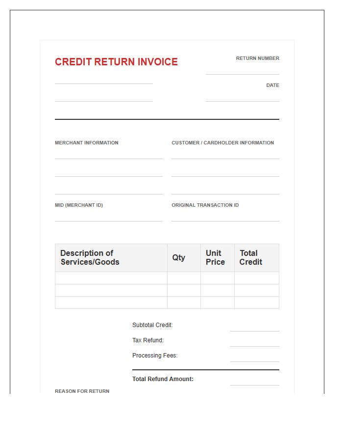 Merchant Services Credit Return Invoice Template