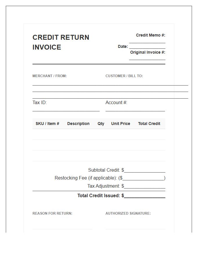 Official Merchant Credit Return Invoice Template