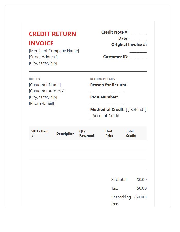 Professional Merchant Credit Return Invoice Template