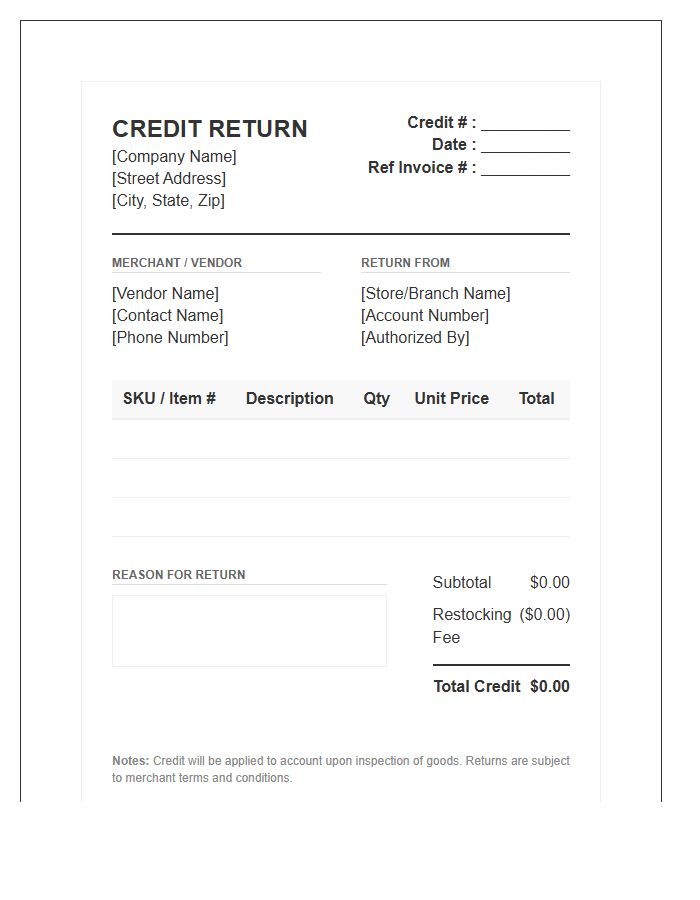 Retail Merchant Credit Return Invoice Template