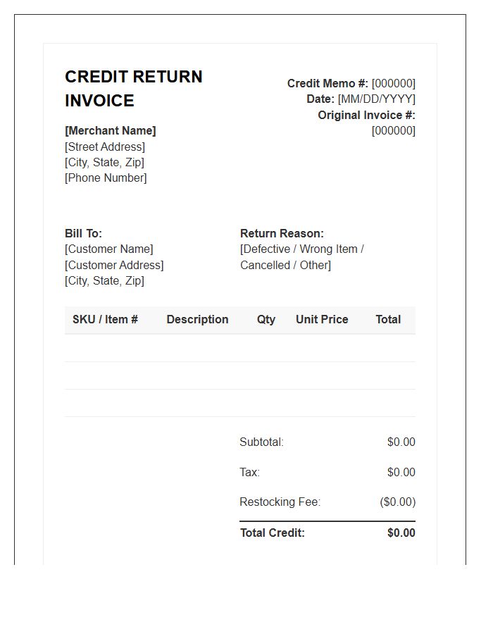 Standard Merchant Credit Return Invoice Template