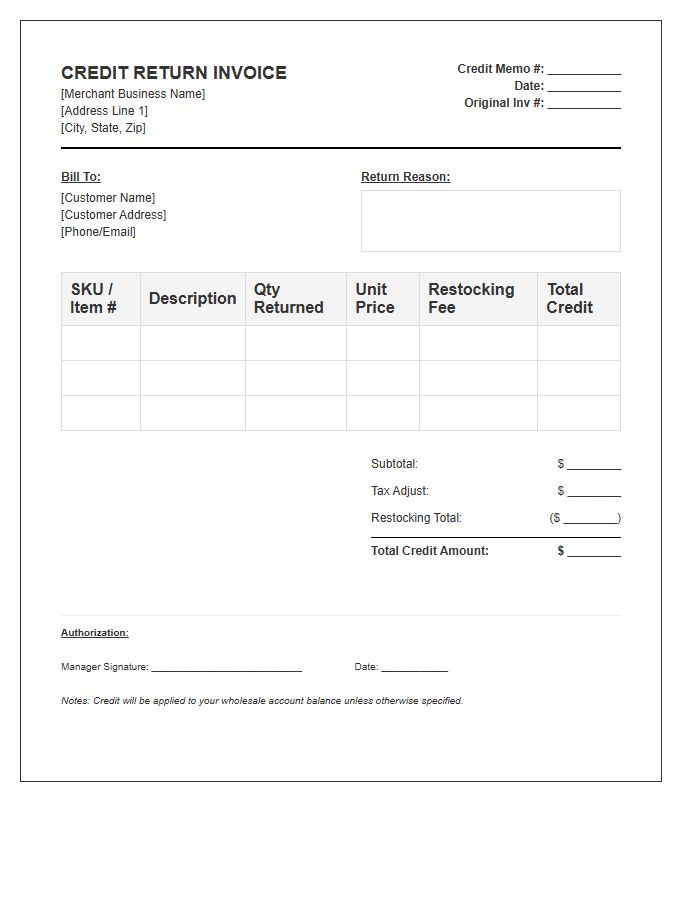 Wholesale Merchant Credit Return Invoice Template