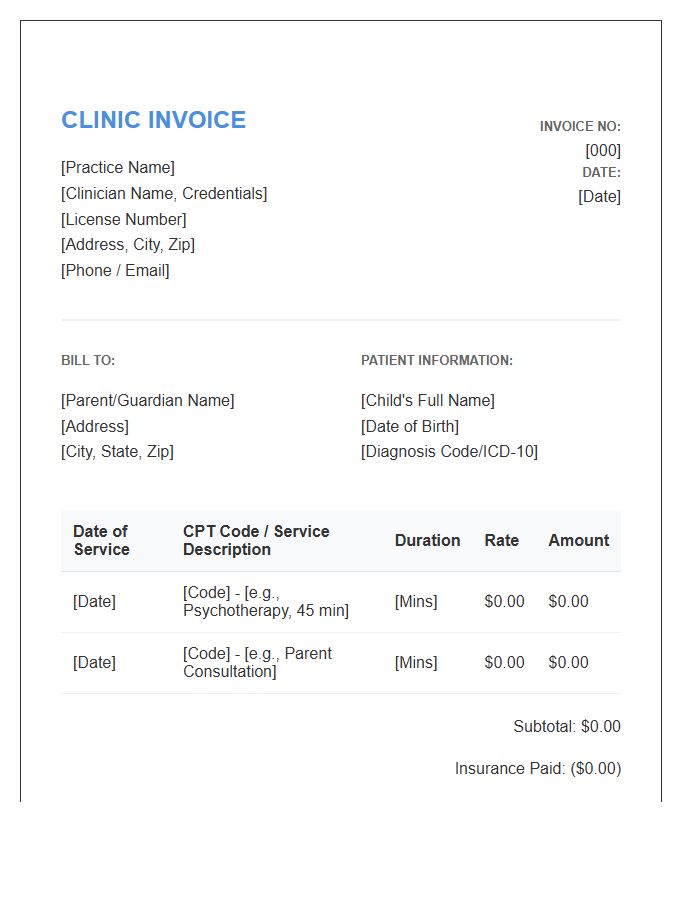 Child Psychology Session Invoice Template