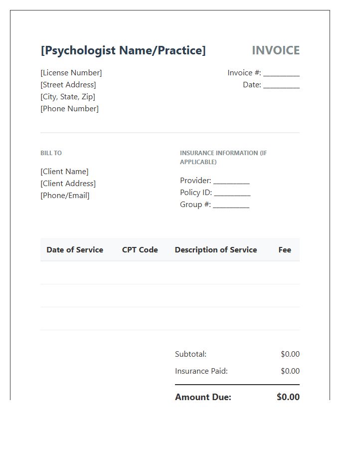 Clinical Psychologist Session Billing Invoice Template