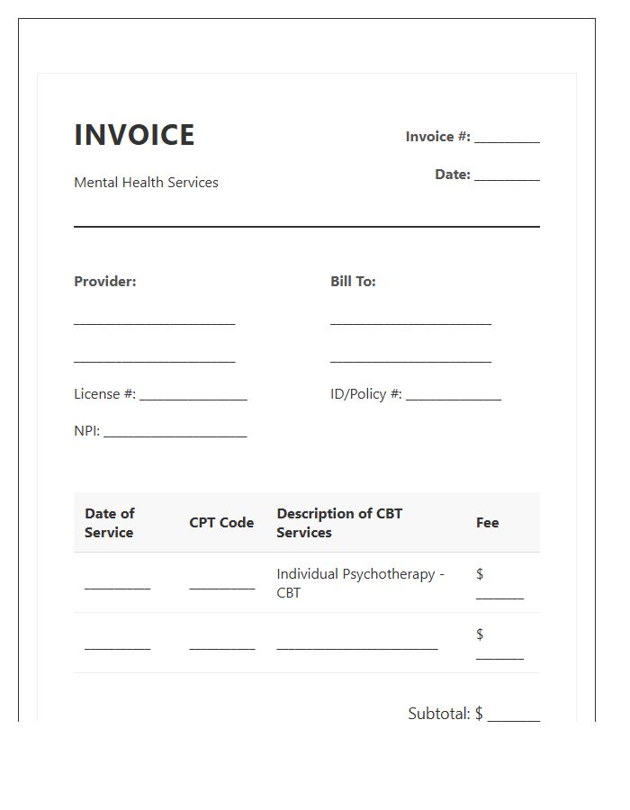 Cognitive Behavioral Therapy Session Invoice Template