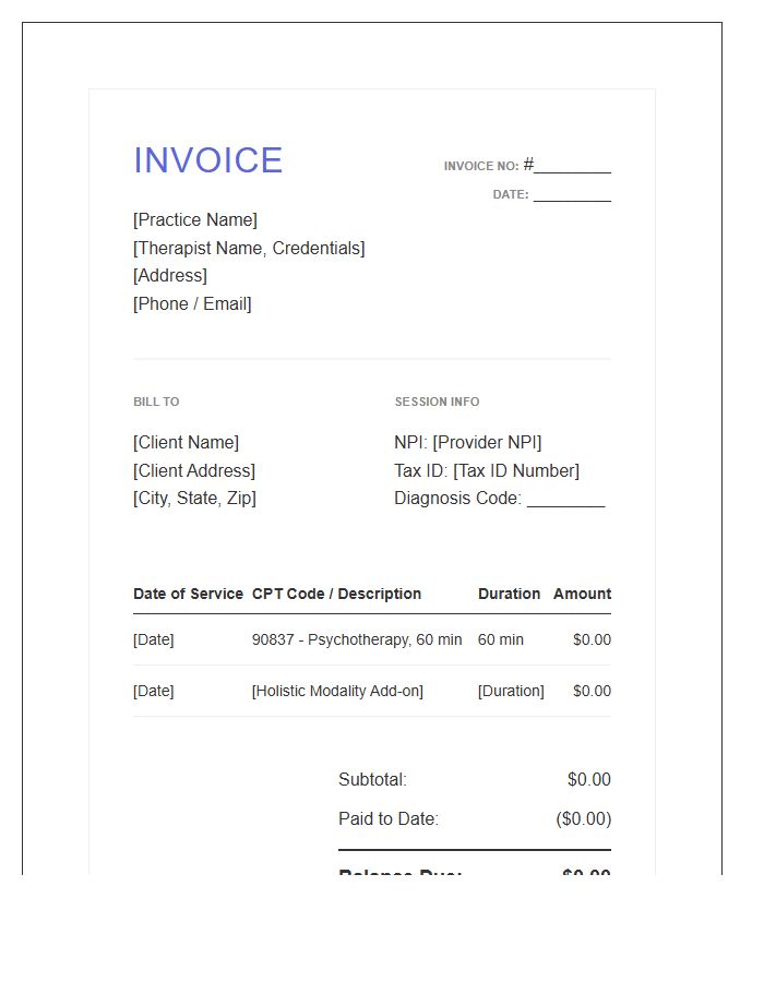 Holistic Psychotherapy Session Invoice Template