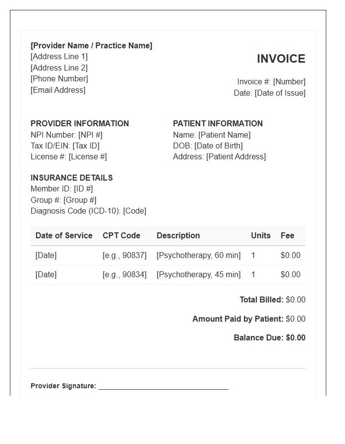 Insurance Reimbursement Psychotherapy Invoice Template