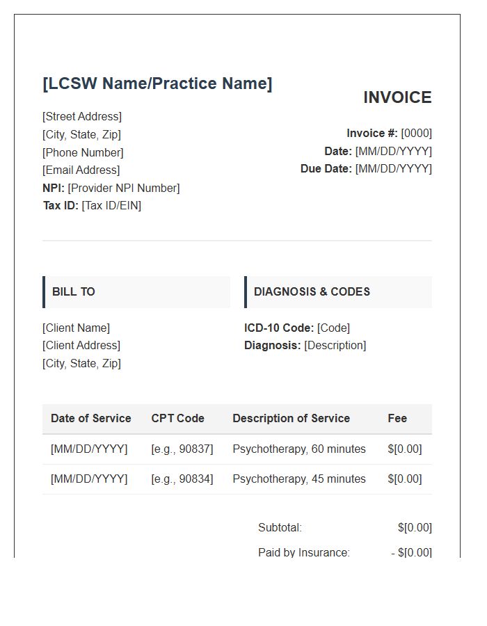 Licensed Clinical Social Worker Session Invoice Template