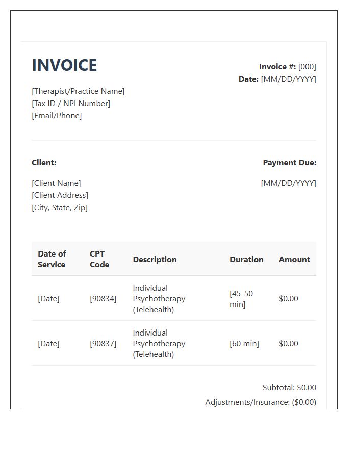 Online Psychotherapy Session Billing Invoice Template