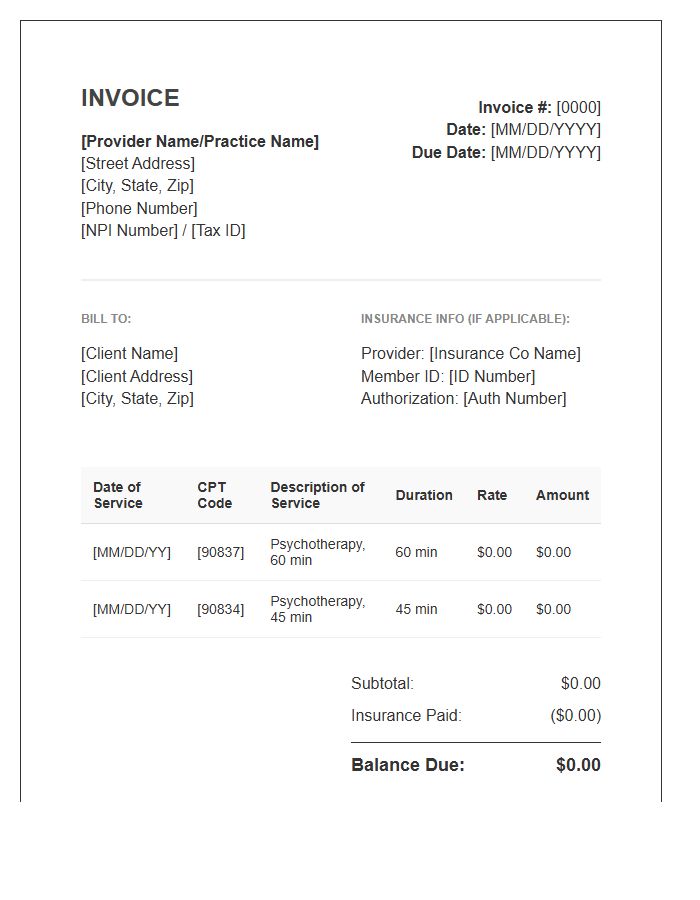 Private Practice Psychotherapy Billing Invoice Template